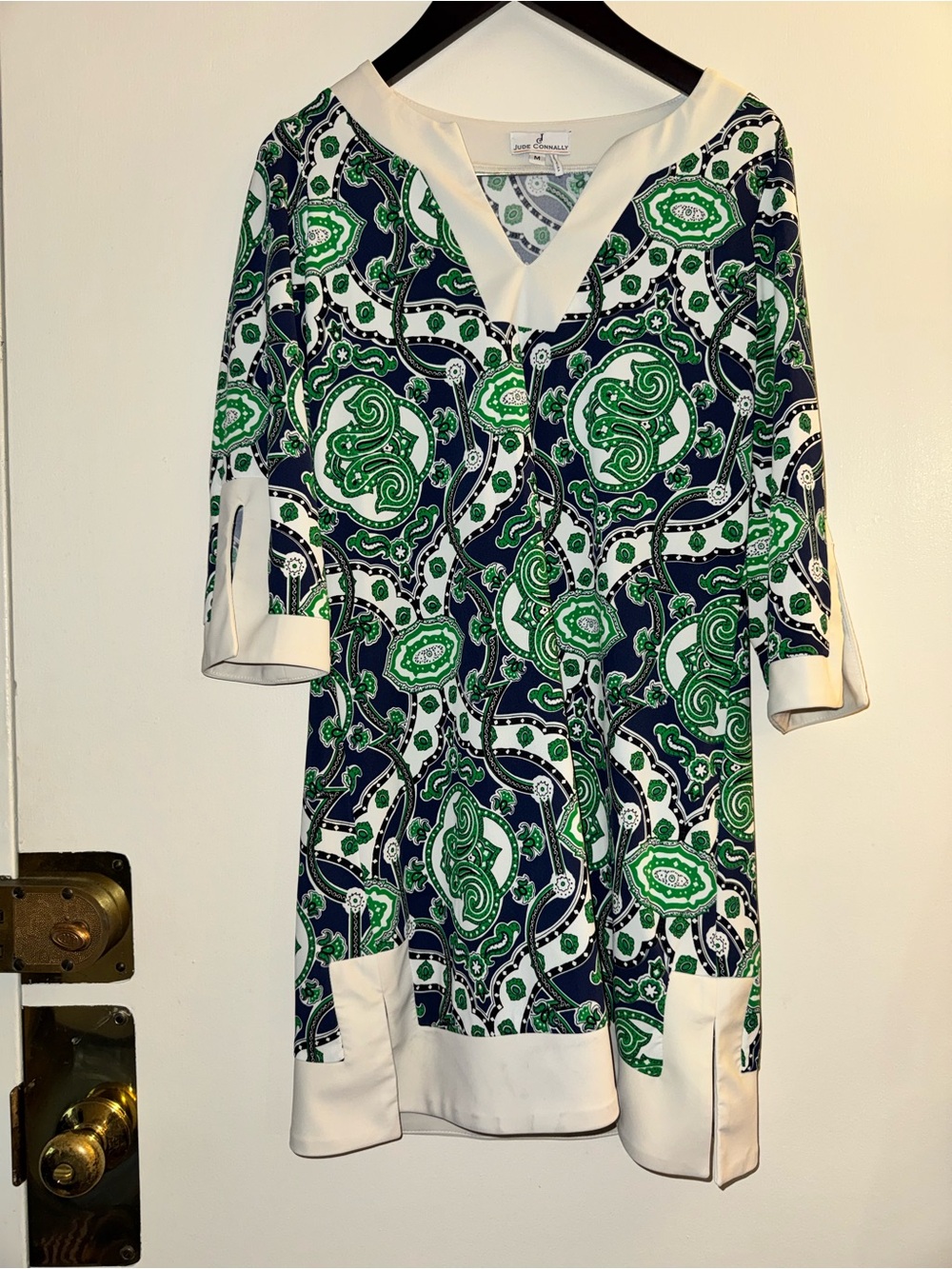 Jude Connally Green & Navy Paisley Mini Dress with White Trim Medium